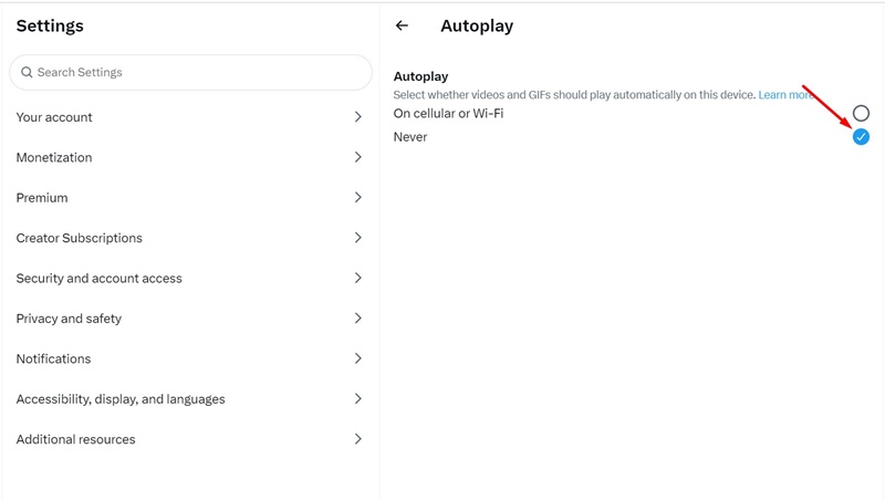 e configure-o para "Nunca"